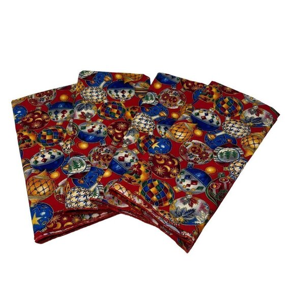 Christmas‎ Fabric Napkins Set of 4 Bright Blue Red Orange Ornaments - Picture 1 of 5
